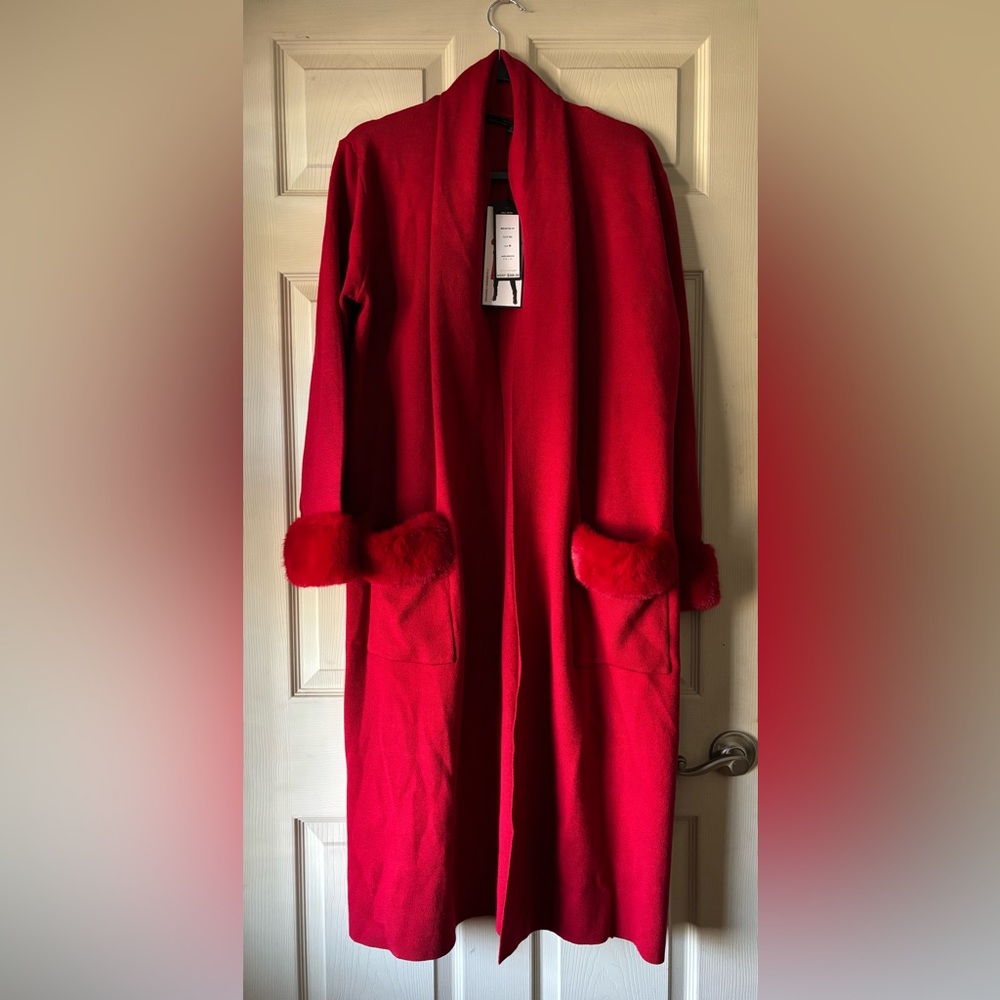 Red Long cardigan sweater with Fur Cuffs and Fur lined pockets